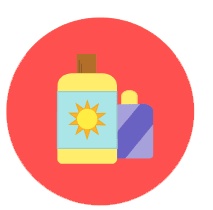 A bottle of sunscreen and a sun icon.