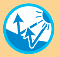 A blue and white icon with a sun and arrows.
